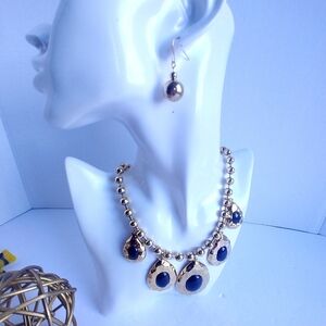 Gold Chain with Black Stone Teardrop Necklace Earrings Set